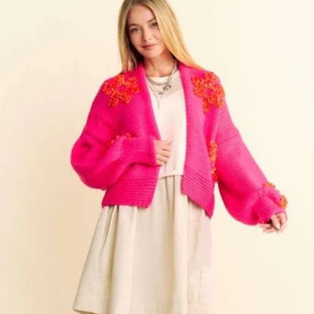 Davi & Dani hot pink orange appliqué oversized sweater L